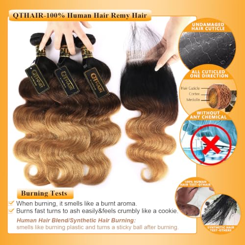 QTHAIR 18-inch Ombre Body Wave Lace Closure 4x4 Brazilian Virgin Hair T1B/4/27