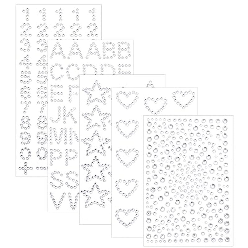 5Pcs Rhinestone Stickers Heart Numbers Letters Sticker Self-Adhesive Glitter Alphabet Jewels Decal Crystal Gemstone Border Art Sticker for Face Makeup Body Nail Craft Clothes Festival Decors