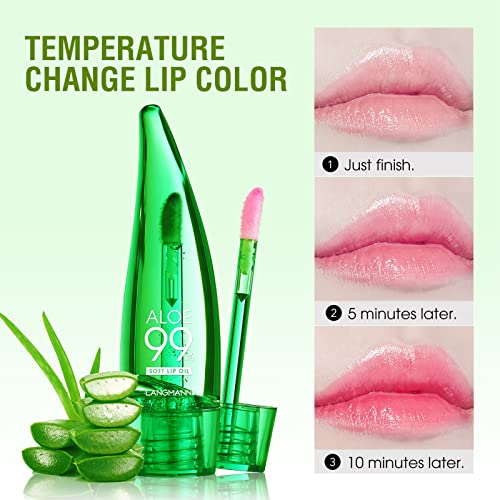 Lip Balm, 3PCS Aloe Vera Long Lasting Nutritious Lip Oil, Color Changing Tinted Lip Balm Set, Natural Plumping Hydrating, Easy Brush Application, Cute Portable Design, Unisex