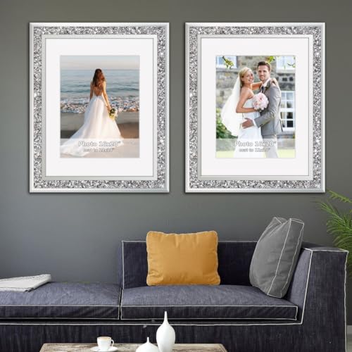 ALLARTONLY 16x20 Inch Crushed Diamond Photo Frame Set - Silver Wall Picture Frames with Mat for 11x14 Photos, 2 Pack