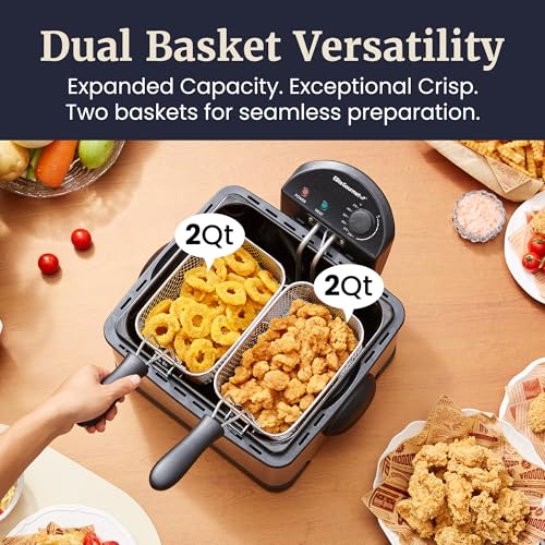 Elite Gourmet 4.5Qt Deep Fryer with Dual 2Qt Stainless Steel & Black Baskets - Split Tank