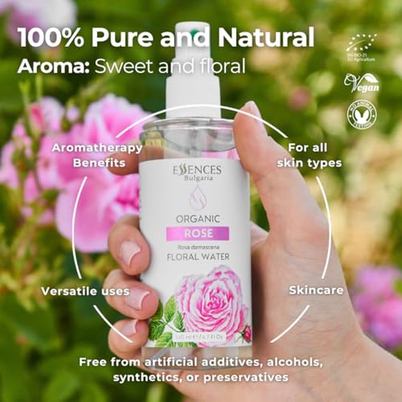 Essences Bulgaria | Organic Rose Floral Water 8.5 Fl Oz | 250ml | Rosa damascena | 100% Pure and Natural | Anti-Age Refreshing Beauty Mist | Alcohol-Free | Makeup Remover | Hydrating | Vegan
