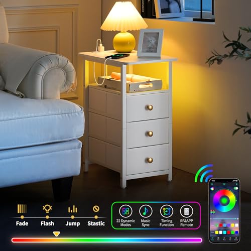 White End Table with Charging Station & 3 Fabric Drawers - Slim Nightstand for Small Spaces