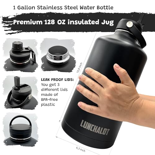 128 Oz Water Bottle Big Black Stainless Steel Insulated Water Jug - Leakproof, Travel Friendly