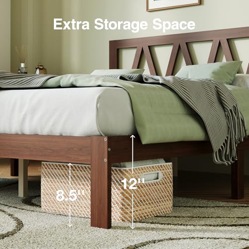 Twin Bed Frame Wooden Bed with Headboard - Walnut, No Box Spring Needed, Easy Assembly