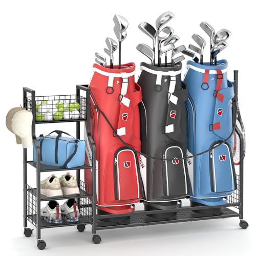 Golf Bag Storage Rack with Wheels for Garage - Holds 3 Bags, Organizer Stand - Black - Variation of 3 Bags