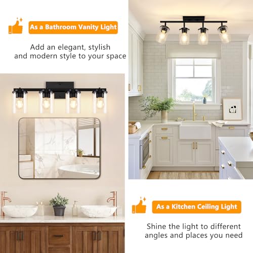 FadimiKoo 4-Lights Black Semi-Flush Track Light with Clear Glass Shades (Black) - Rotatable Heads