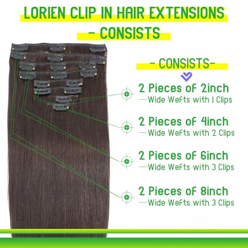 Darkest Brown 14 Inch Clip-In Human Hair Extensions - 8PCS Double Weft, 80g
