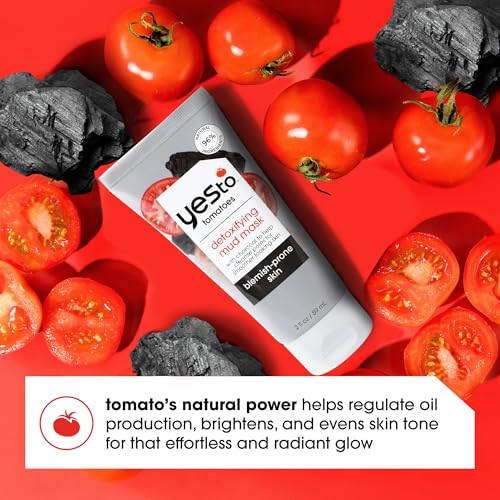 Yes To Tomatoes Clear Skin Detoxifying Charcoal Mud Mask For Acne Prone Skin Draw Out Impurities And Prevent Breakouts Contains Salicylic Acid 96 Natural Ingredients, Red, Tomato, 2.006 Fl Oz