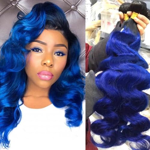 Brazilian Body Wave Ombre Hair Bundles - 1B/Blue 26 Inch Remy Human Hair