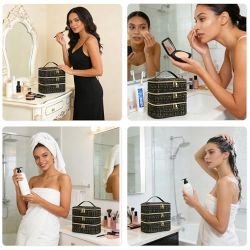Travel Makeup Bag for Women Three Layer Large Cosmetic Case Water-resistant Toiletry Bag Organizer for Store Toiletries Cosmetic Accessories and Manicure Sets Gold Black