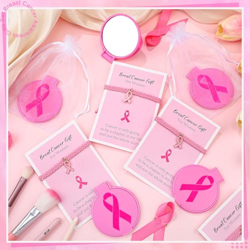 Geetery 72 Pcs Breast Cancer Awareness Gifts Set for Women Compact Folding Mirrors, Pink Ribbon Bracelets, Organza Bags for Breast Cancer Charity Event Survivor Campaign Party Accessories(Pink)