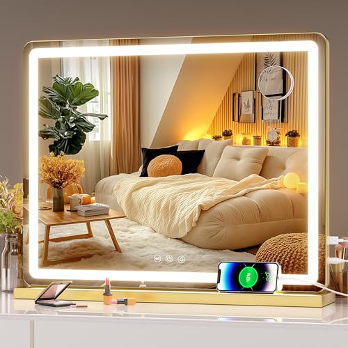 Hasipu Lighted Vanity Mirror with Lights - 22.8 x 18 Inches Dimmable LED Makeup Mirror, Touch Control, Gold