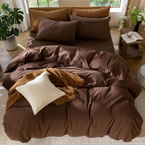 MooMee Queen Duvet Cover Set 100% Washed Cotton Linen Look Cocoa Brown No Comforter