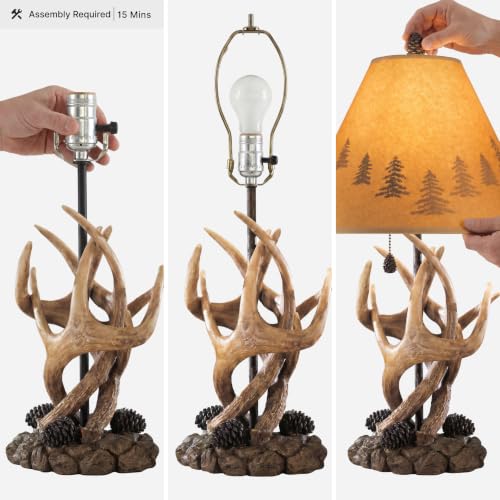 Set of 2 Rustic Table Lamps with Faux Rock and Pinecone Accents - Mountain Retreat Style, Silhouette Shade, 14.25 Inch