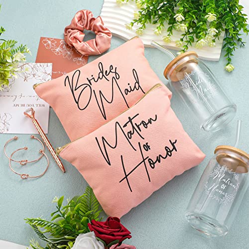 Irenare 48 Pcs 8 Set Bridesmaid Proposal Gifts Maid of Honor Gifts16oz Glass Cups Cosmetic Makeup Bags Invited Cards Scrunchies Hair Knotted Bracelets Diamond Pens(Elegant Style,Rose Gold)