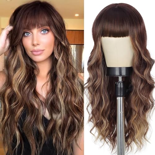 Lativ Brown Highlight Wigs for Women with Bangs & Dark Roots - Long Wavy 26 Inch - Brown Mixed Blonde Variant