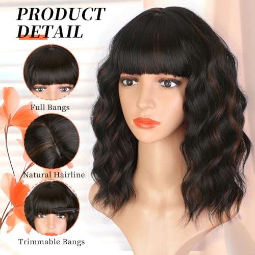 XIXIBI Black Mixed Brown Short Wavy Bob Wig with Bangs for Women