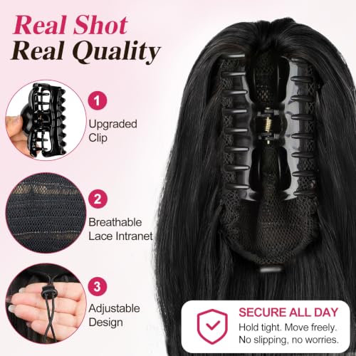 ALXNAN 24 Inch Curly Wavy Ponytail Extension Black | Clip-In Hair Extension