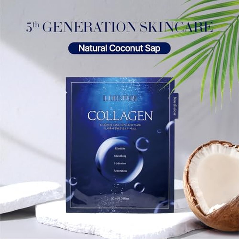 IL Deepure -Collagen Real Glow Mask, Hydrating Cocount Sheet Hydrogel Mask, Pore Minimizing, Elasticity, Plumping Improvement, Korean Skincare, Stocking Stuffers for Teen Girls | 1.01oz(30g) x 5ea