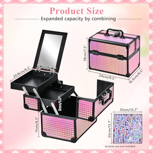 Makeup Train Case Organizer with Mirror and Pouch - Black Bright Pink Variation