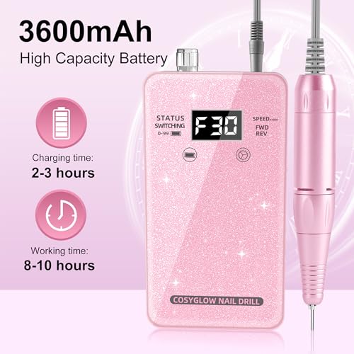 Professional Electric Nail Drill File: COSYGLOW Glitter Portable E-File Nail Drill Kit with11 Drill Bits Pink&Black