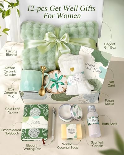 Coralogo Green Get Well Soon Gift Basket Self Care Spa Set with Blanket & Accessories
