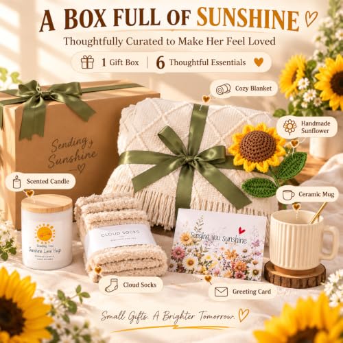 Sunflower Self Care Gift Basket for Women - Cozy Blanket, Fuzzy Socks & More