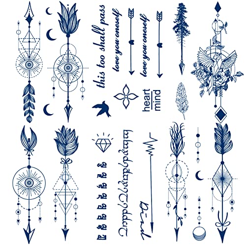 Arrow Semi Permanent Tattoo, 6-Sheet Long Lasting 1-2 Weeks Temporary Tattoos Arrow Feather English Letter Bird Tattoo Stickers, 100% Plant-Based Ink Infinity Realistic Fake Tattoos for Women Kids Waterproof