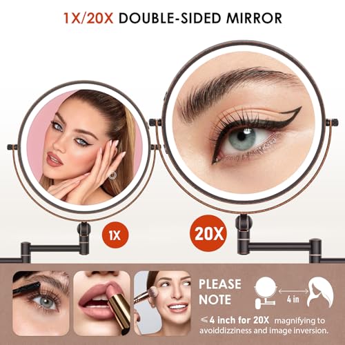 9" Wall Mounted Lighted Makeup Mirror,4000mAh Rechargeable Double Sided 1X/20X Magnifying Mirror with Light,Touch Dimmable,Extended Arm 360 Rotation Wall Mounted Makeup Mirror 3 Color Lights-Bronze