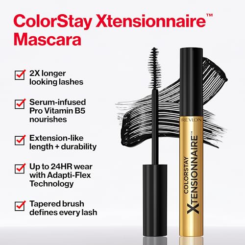 Revlon ColorStay Xtensionnaire Lengthening Lash Serum and Mascara In One, Tapered Brush for 2X Longer Looking Eyelashes, Infused with Pro Vitamin B5, Smudge-Proof, 211 Black Waterproof (Pack of 2)