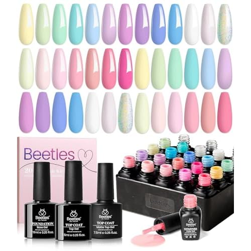 Beetles Gel Nail Kit Easy Extension Set and beetles Gel Polish Nail Set 20 Colors Pastel Girly Sparkle Glitter Uv
