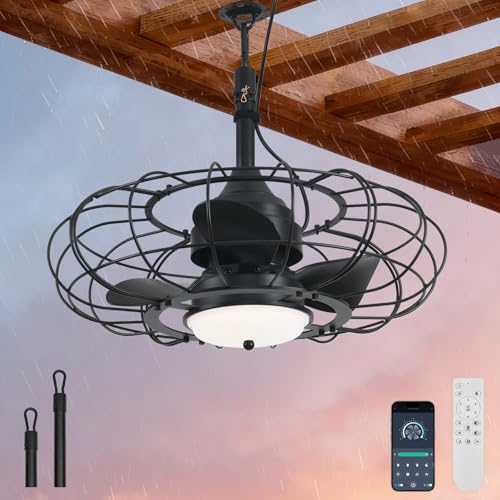 Outdoor Ceiling Fan with Light and Remote - 20-inch Waterproof Gazebo Fan, Dimmable 3-Color, 6 Speed, Black