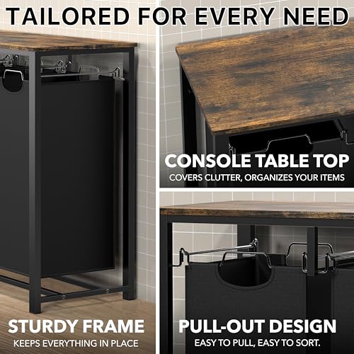 Laundry Sorter with Tabletop Shelf - 3-Section Steel Frame, Rustic Brown
