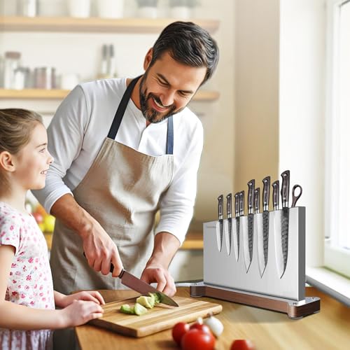 Fomidao 16x3.94x11 Inch Magnetic Knife Holder Stand - Large Stainless Steel Double-Sided Kitchen Rack with 3 Magnet Strips