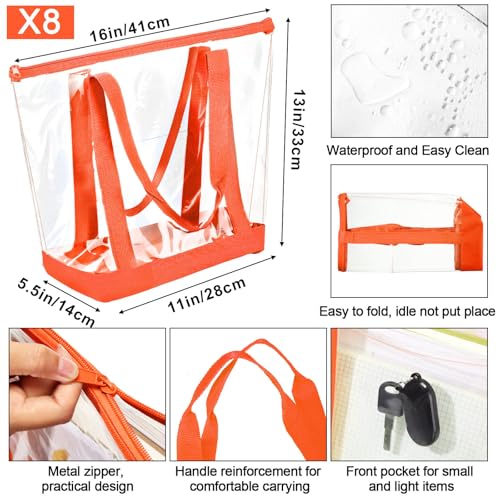 Reginary Clear Tote Bags 8-Pack with Zipper - Orange Polyvinyl, Security Approved for Travel & Events