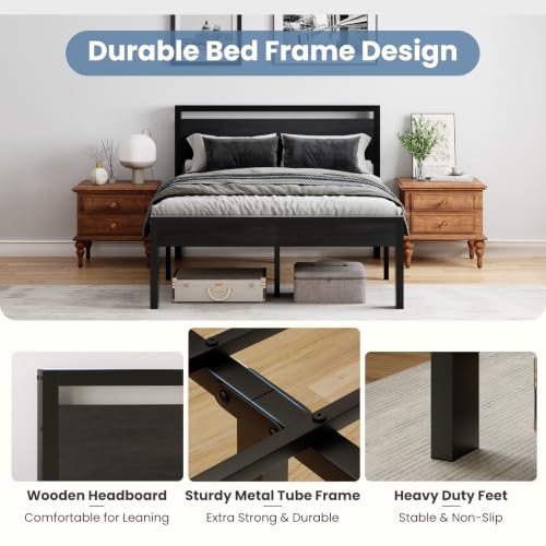 Queen Bed Frame with Wood Headboard - Black, 14 Inch Under-Bed Storage, Heavy-Duty Support - Variation: Black / Queen
