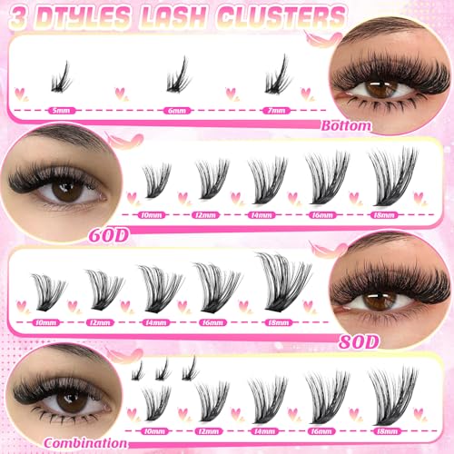 2 Pack Lash Clusters Kit, 44 Top Styles of Wispy Manga Lashes (10-18mm), 8 Bottom Lash Rows, Volume Lash Book Set with Glue, Brush Tweezers, Fluffy Natural Look All in One