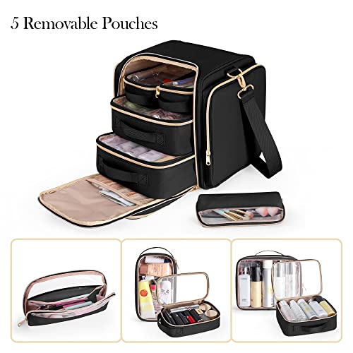 Travel Makeup Bag with 5 Removable Cases, Large Cosmetic Case Make up Organizer with Strap and Multiple Storage Pockets, Black (Patented Design)