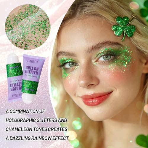 DAGEDA Green Roll-on Body Glitter,Holographic Face Hair Glitter Gel for St Patricks Day Accessories,Green Body Shimmer Makeup Carnival Accessories for Girls Women 50ml
