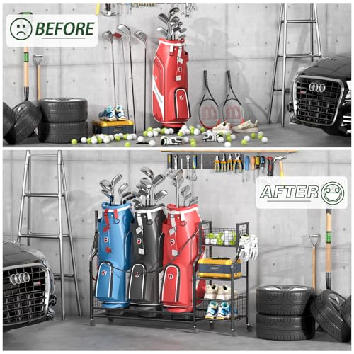 Golf Bag Storage Rack with Wheels for Garage - Holds 3 Bags, Organizer Stand - Black - Variation of 3 Bags