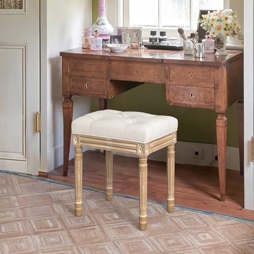 Upholstered Fabric Vanity Bench Seat with Carved Wood Legs - Beige, Variation of Beige and Wood