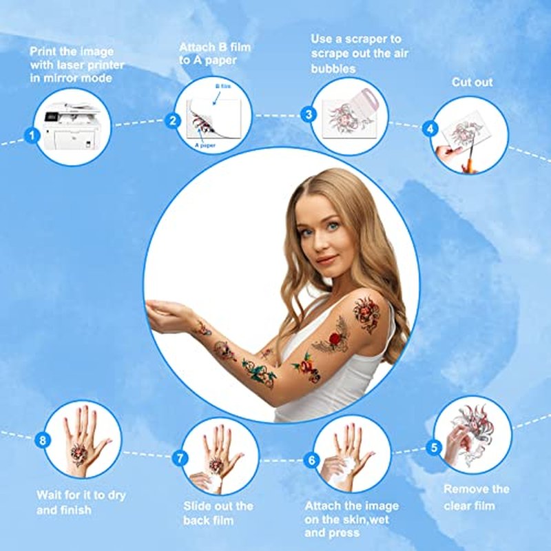 MECOLOUR Printable Temporary Tattoo Paper for LASER Printer,8.5"X11" 10 Sheets, DIY Image Transfer Decal Paper for Skin
