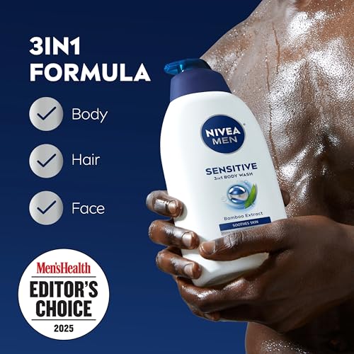 NIVEA MEN Sensitive Body Wash with Bamboo Extract, Moisturizing Body Wash for Sensitive Skin, Soap Free Shower Gel for Men with No Drying Alcohol, 30 Fl Oz Bottle