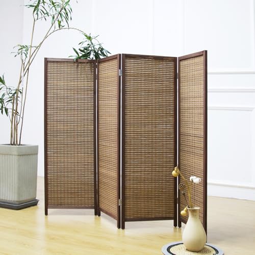 4 Panel Short Room Divider Screen Brown Freestanding Bamboo Panel Partition - 47.2" H x 61.4" W, 4-Panel