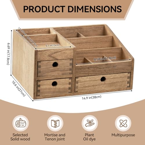 KIRIGEN Wood Makeup Organizer Storage Cabinet Tabletop Cosmetic Organizer Jewelry Storage Box 8 Compartment Makeup Display Case with 3 Drawers Brown(HZG-DBR)