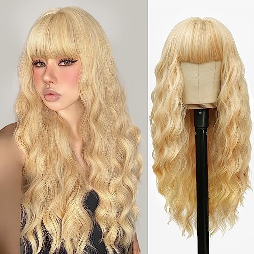 VERNA Blonde Curly Wavy Synthetic Wig 26 Inch with Bangs - Natural Look, Heat Resistant