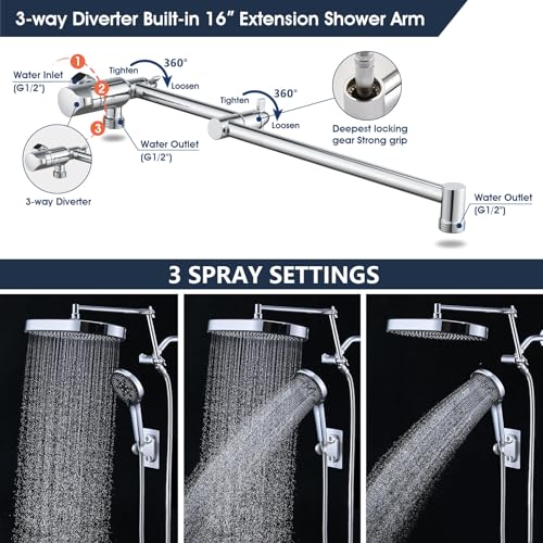 14 Inch Rain Shower Head & Handheld Combo with 5+1 Settings, Chrome Finish, 16'' Adjustable Extension Arm, Extra Long Hose