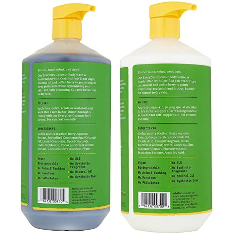 Alaffia Coconut & Coffee Berry Purely Coconut Value Set, Body Wash & Body Lotion, 32 Fl Oz Each