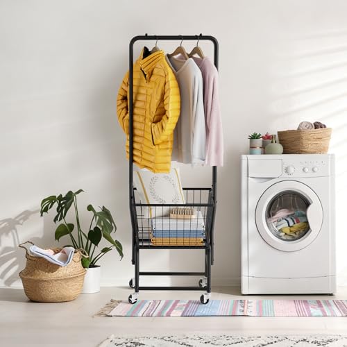 Rolling Laundry Cart with Wheels - Black Metal Hamper & Clothes Organizer with Hanging Rack